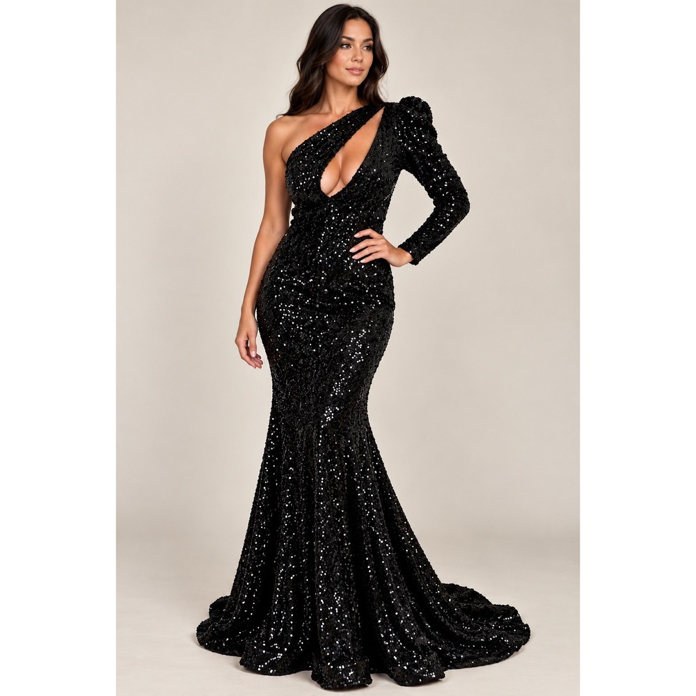 Missord Sequin Gown Womens Medium Black One Shoulder Puff Sleeve Mermaid Dress